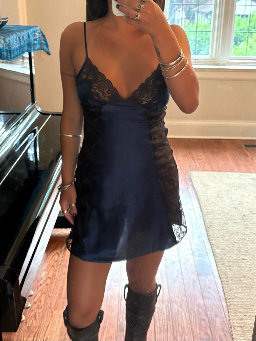 Vintage La Vie en Rose Satin Navy and Black Lace Trim Slip Dress Intimates